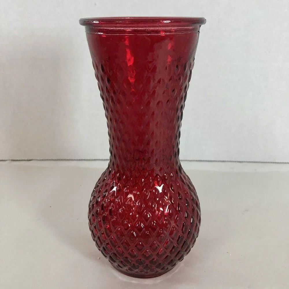 Red Hobnail Glass Vase Diamond Pattern 7” Tall Vintage Spring Valentine Flowers
